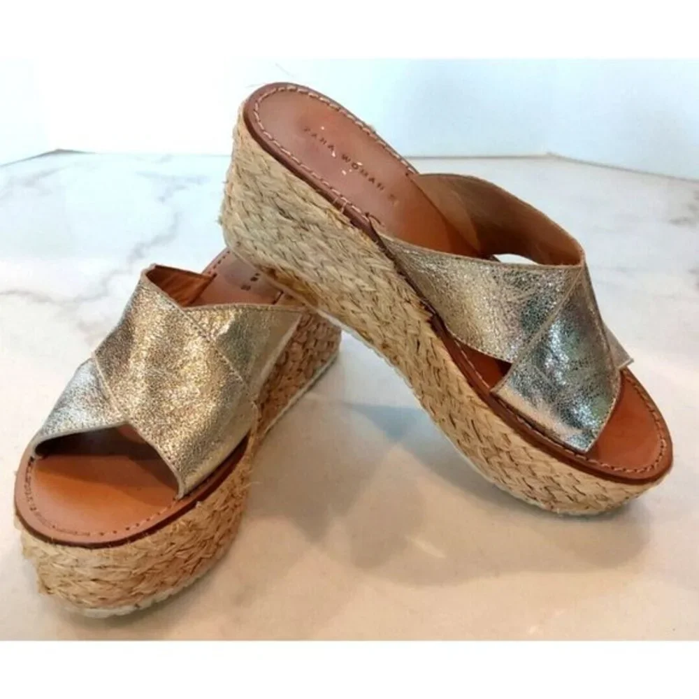 ZARA Jute Esprilladrez Wedge Sandals WITH CROSSOVER STRAPS GOLD SZ US 7 / UE 38